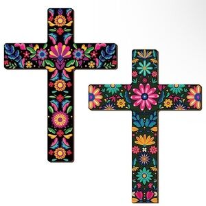 Pinkunn 2 Pcs Mexican Cross Wall
Decor Floral Day of The Dead Decor